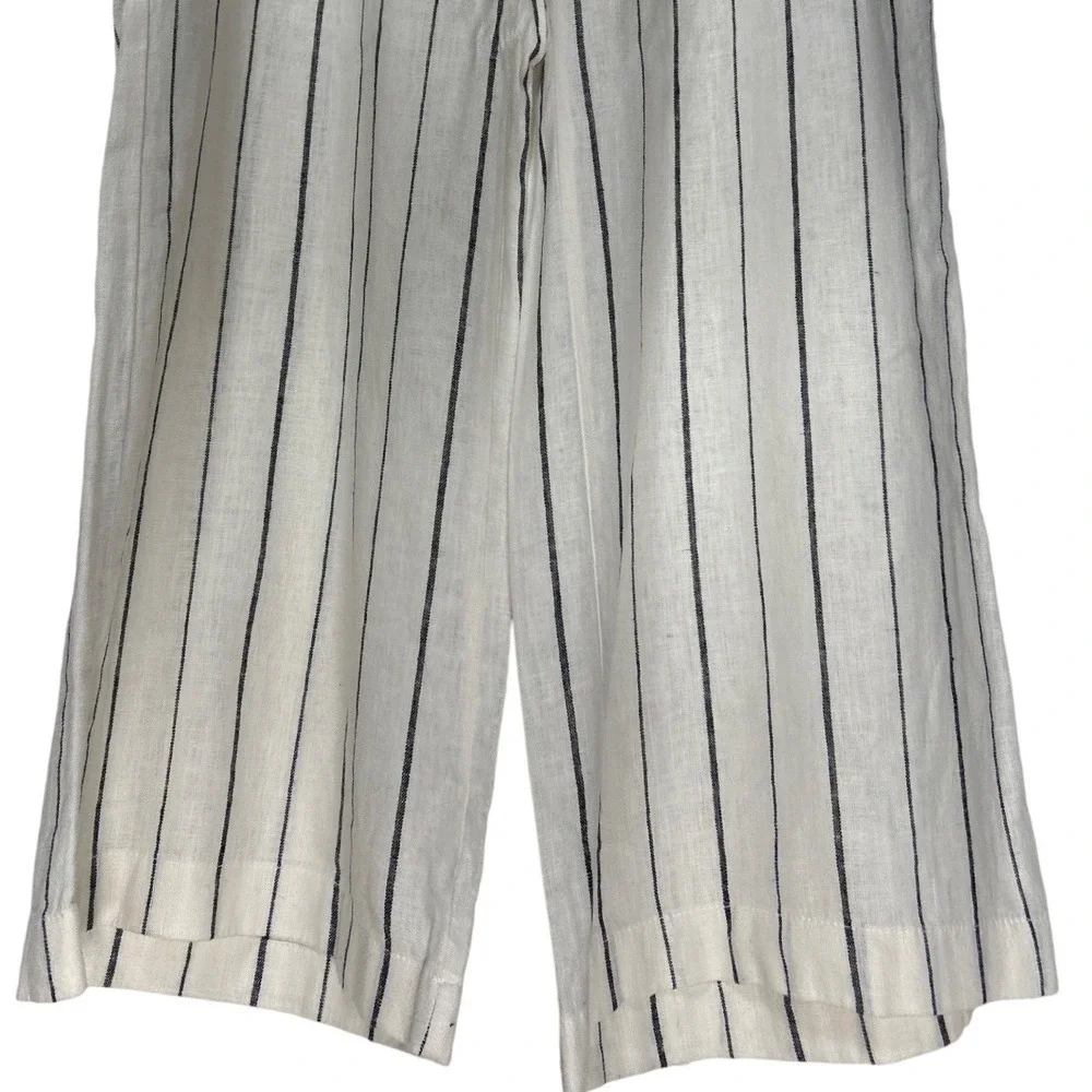 Gap High Rise Linen Blend Trousers Side Button Wide Leg Ivory Stripe Size 18 EUC